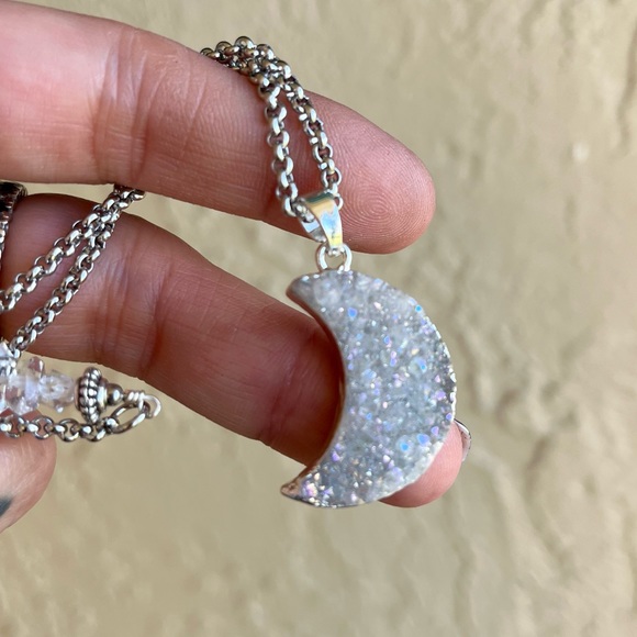 Crystal moon necklace . Genuine herkimers diamonds druzy quartz silver moon π - Picture 6 of 14